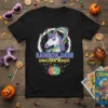 Black t-shirt with "RAINBOW DASH UNICORN MAGIC" text, a unicorn head, and a split pumpkin graphic