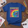 Rainbow High graphic t-shirt design featuring a colorful rainbow, sunglasses, handbag, and boots