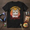 Rainbow Kitten Surprise t-shirt design with a cat eating ramen, featuring retro sunset graphic