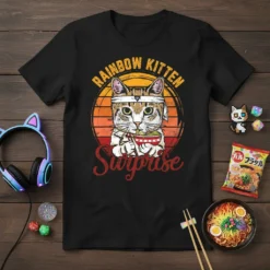 Rainbow Kitten Surprise t-shirt design with a cat eating ramen, featuring retro sunset graphic