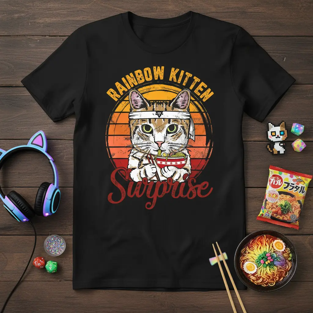 Rainbow Kitten Surprise Cat Ramen Tee for Cute Animal Lovers