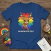 Rainbow Pride Deer T-Shirt design featuring a cute deer with rainbow antlers and scarf on a geometric rainbow background
