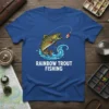 Rainbow Trout Fishing t-shirt design with a leaping trout graphic and fishing line