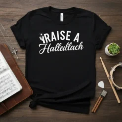 Black t-shirt with white text "RAISE A Hallelallach" and stylized hands with stars graphic
