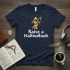 Raise a Hallellauah Christian t-shirt with gold emblem featuring an upward arrow and dove