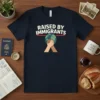 Raised By Immigrants t-shirt with graphic of hands holding globe, symbolizing unity and diversity