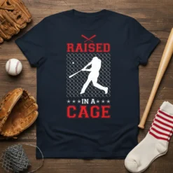 Raised in a Cage baseball training design featuring a batter silhouette in a batting cage, red text, and stars