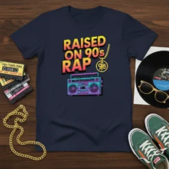 Raised on 90's Rap t-shirt with retro boombox graphic and gold chain pendant, navy blue color