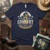 T-shirt with "Raised On Old Country Music Honky Tonk Soul" text, featuring a guitar and vinyl record graphic with mountains