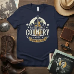 T-shirt with "Raised On Old Country Music Honky Tonk Soul" text, featuring a guitar and vinyl record graphic with mountains
