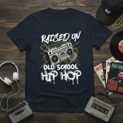 Raised On Old School Hip Hop T-Shirt with retro boombox and microphone design