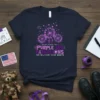 Navy blue t-shirt with purple dandelion design and text "Raising Dandelions Purple Up Dandelions for Military Kids Month"