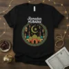 Ramadan Mubarak t-shirt design with a mosque, crescent moon, and lanterns inside a decorative circular frame