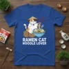 Ramen Cat Noodle Lover t-shirt design featuring a cute cat eating ramen, wearing a conical hat