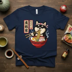 Shiba Inu dog wearing a headband eating ramen noodles with chopsticks, text 友牧家 あたたかい 麺, Japanese food theme, cute anime