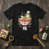 Ramen Frog Chef T-Shirt with a cute frog wearing a chef hat and backpack, eating noodles from a bowl. Includes