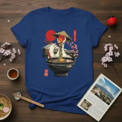 鴨食らう Ramen Goose T-Shirt design featuring a goose in a conical hat eating ramen with chopsticks, set against a Japanese