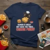 Navy t-shirt with a black pug wearing a chef's hat eating cheese fries, text reads "Ramen Is Great But Have