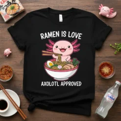 Ramen Is Love Axolotl Approved T-Shirt featuring a cute axolotl eating ramen. White text and pink axolotl graphic on a