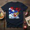 Navy t-shirt with bold red Japanese text "ラーメン" above a stylized ramen bowl design with crashing waves
