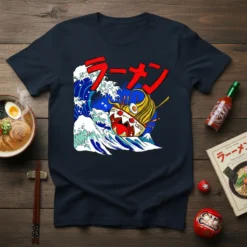 Navy t-shirt with bold red Japanese text "ラーメン" above a stylized ramen bowl design with crashing waves