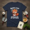 Cute red panda wearing a straw hat eating ramen, text says "Ramen Lover Noodles Are My Happiness" on a navy
