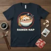 Ramen Nap t-shirt design with a cute sleeping cat in a ramen bowl and Japanese text