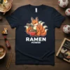 Ramen Power t-shirt design with a cute, multi-tailed fox eating ramen noodles from a red bowl