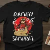 Ramen Samurai T-Shirt featuring a cat in samurai armor holding chopsticks with ramen noodles