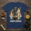 Ramen Samurai T-Shirt design featuring a black cat in samurai attire holding a sword over a bowl of ramen