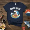 Ramen Shark t-shirt design featuring a cartoon shark eating ramen noodles in waves, with white text