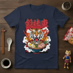 劍托曳 ramen tiger Japanese food t-shirt design with fierce tiger and steaming ramen bowl
