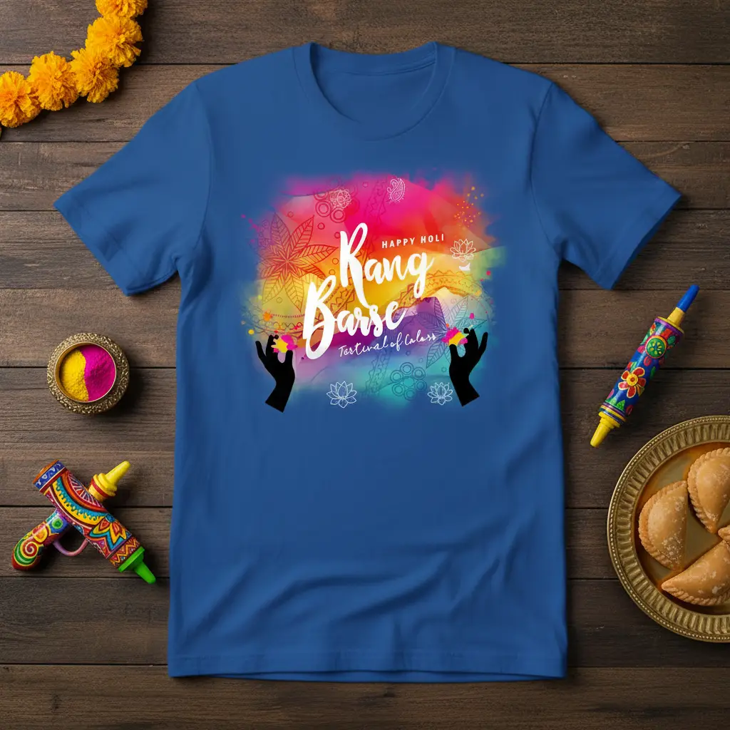 Rang Barse Festival of Colors Holi t-shirt design featuring vibrant splashes and cultural motifs