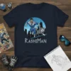 Rashiman superhero with wolf running in front of city skyline, navy t-shirt design