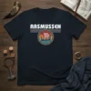 Rasmussen text above a circular design of a Viking ship sailing on water, with retro stripes, on a navy t-shirt