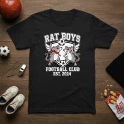Rat Boys Football Club Est. 2024 t-shirt featuring cartoon rats playing soccer with a shield and text