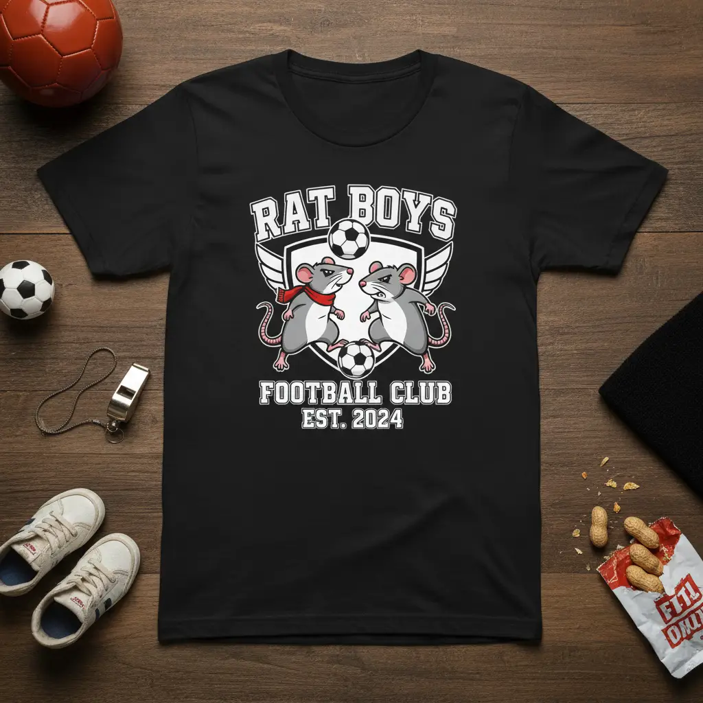 Rat Boys Football Club Est. 2024 design with cartoon rats playing soccer on a t-shirt