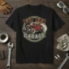 Rat Rod Garage text design featuring a vintage red hot rod car with smoke effects, on a black t-shirt