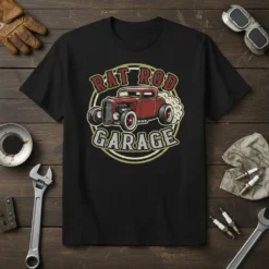 Rat Rod Garage text design featuring a vintage red hot rod car with smoke effects, on a black t-shirt