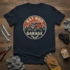 Rat Rod Garage design with a vintage hot rod car and crossed wrenches on a navy t-shirt