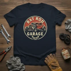 Rat Rod Garage design with a vintage hot rod car and crossed wrenches on a navy t-shirt