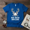 Rat With Antlers graphic t-shirt design featuring a cartoon rat with deer antlers, bold white text