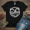 Black t-shirt with white "Rattlers" text inside a heart shape formed by a snake, with arrow and triangle graphics