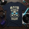Dark blue t-shirt with a "Rave Monkey" graphic featuring a monkey with headphones and records