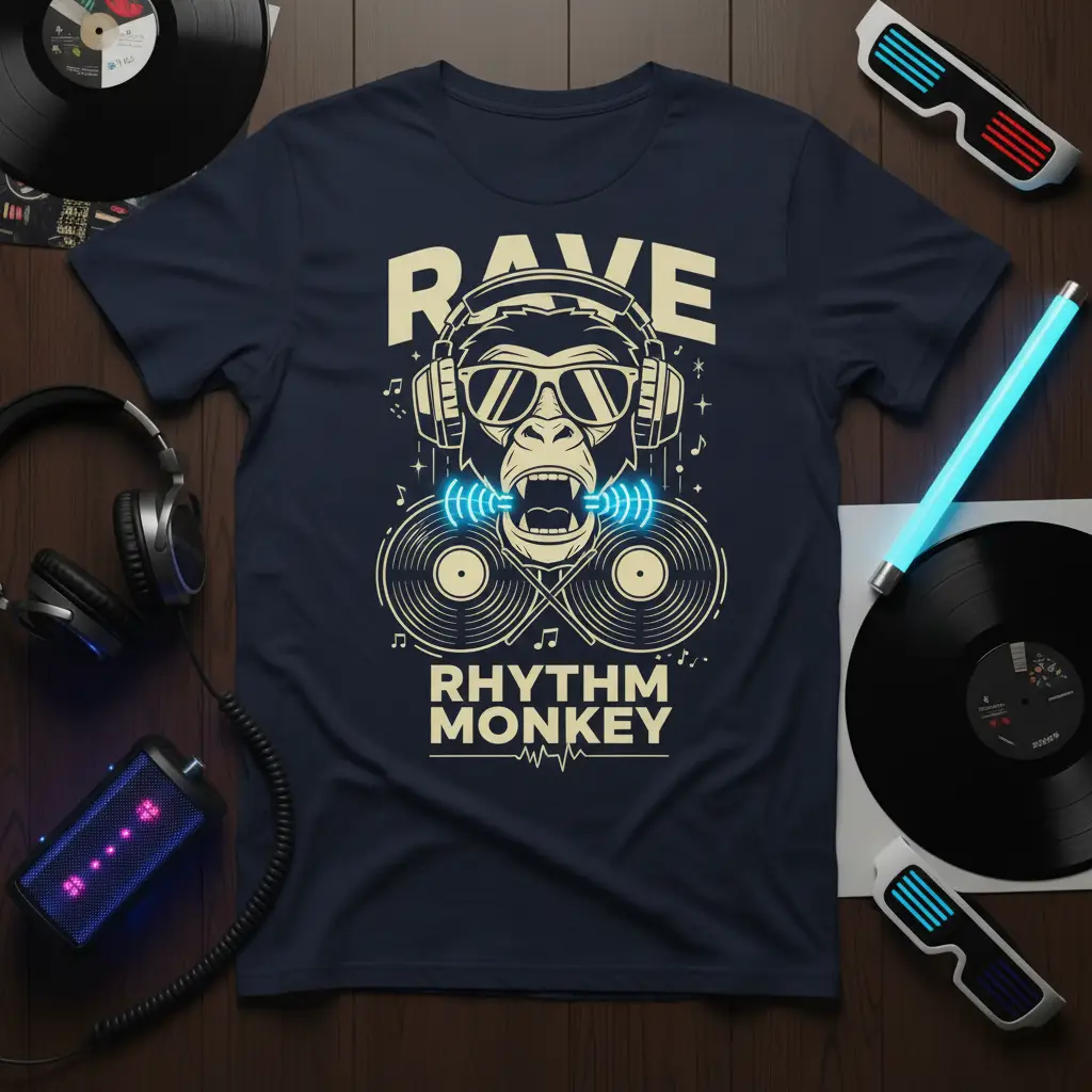Rave Monkey graphic t-shirt design featuring a DJ monkey with headphones and vinyl records