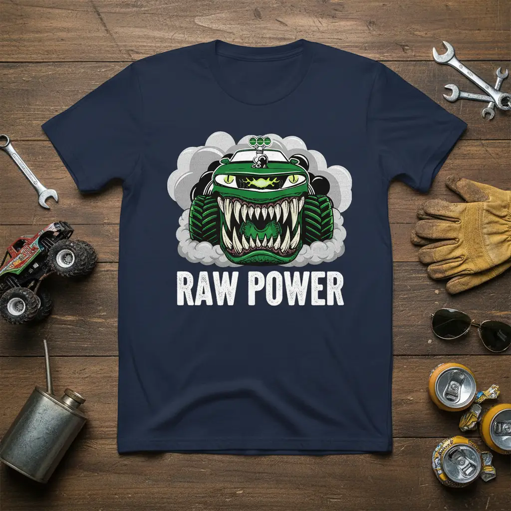 Raw Power text and aggressive monster truck graphic on a navy blue t-shirt