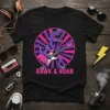 Purple T-Rex playing a pink electric guitar with "RAWK & ROAR" text and pink and purple sunburst background on a