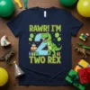 Rawr I'm Two Rex dinosaur graphic t-shirt for a 2nd birthday party, featuring a green T-Rex and the number 2