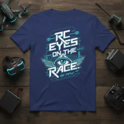 RC Eyes On The Race t-shirt design with futuristic text, an eye graphic, and wings, featuring RC FPV details