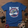 RC Racing Evolution of Speed t-shirt featuring a remote control car mid-air over mountains with a checkered flag background
